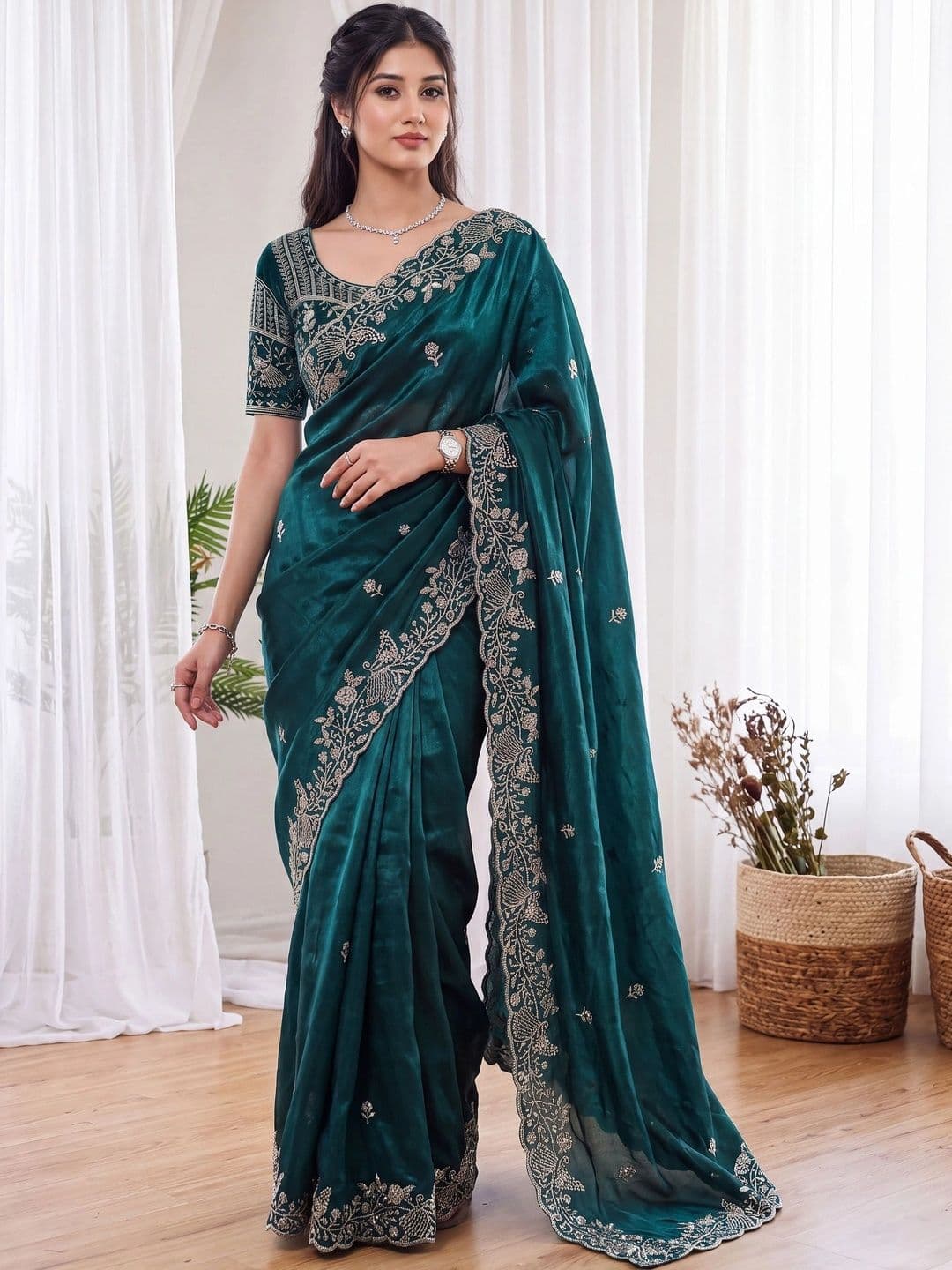 Zari and Ziba Floral Embroidered Satin Designer Saree - view 1