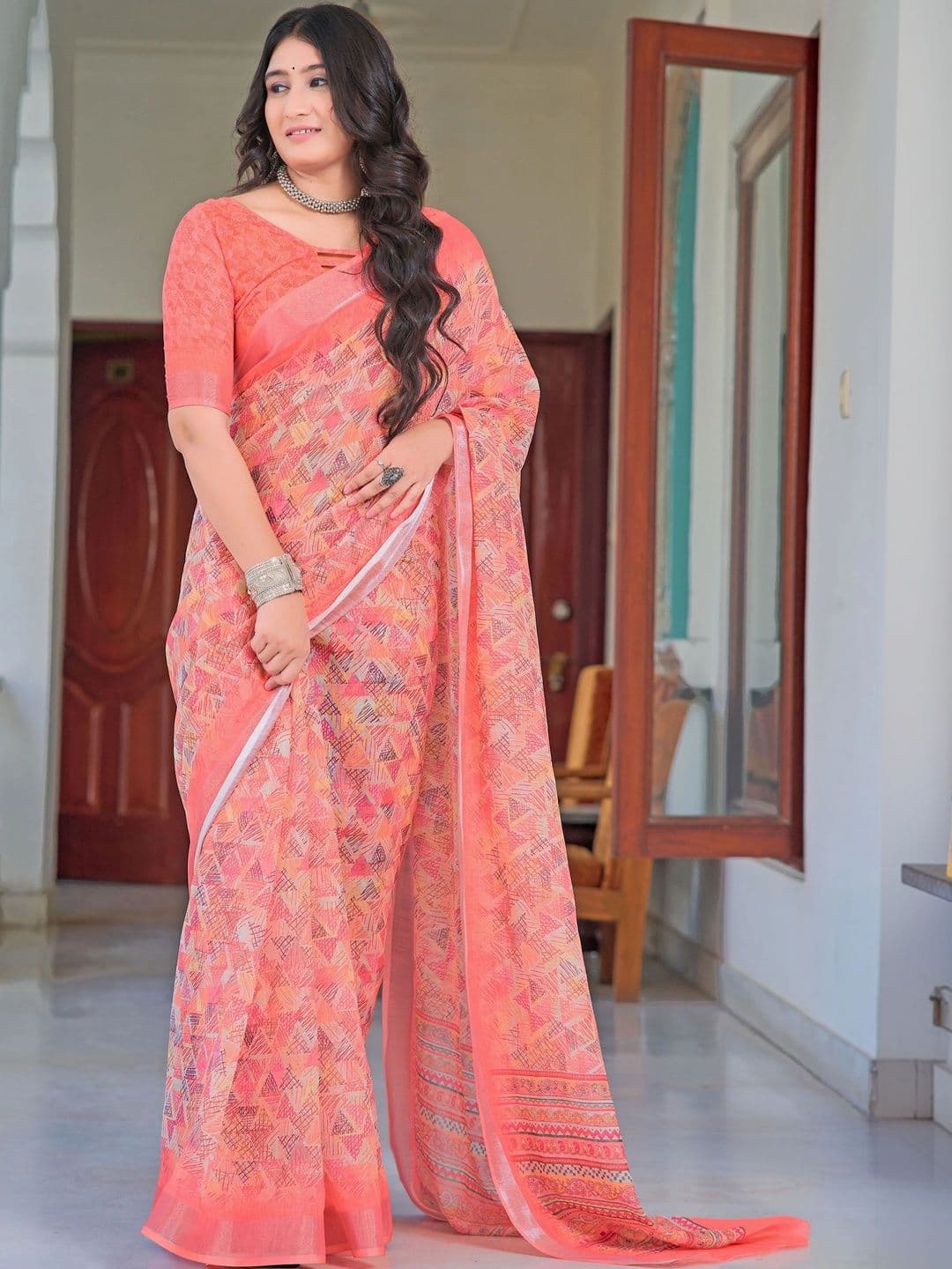HERE&NOW Women Peach Multicolor Cotton Linen Saree - view 1
