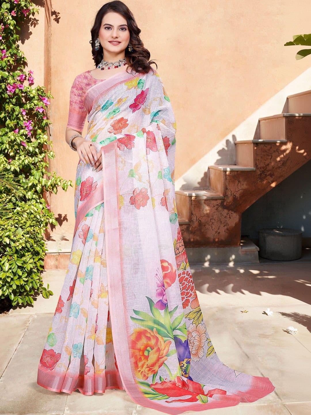 MANVAA Women Floral Cotton Saree - view 1