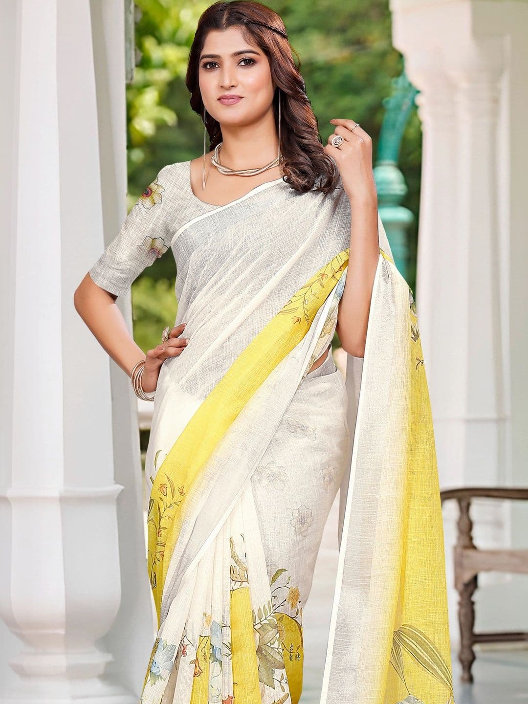 MANVAA Women Cotton Linen Saree with Floral Print Saree thumbnail 4