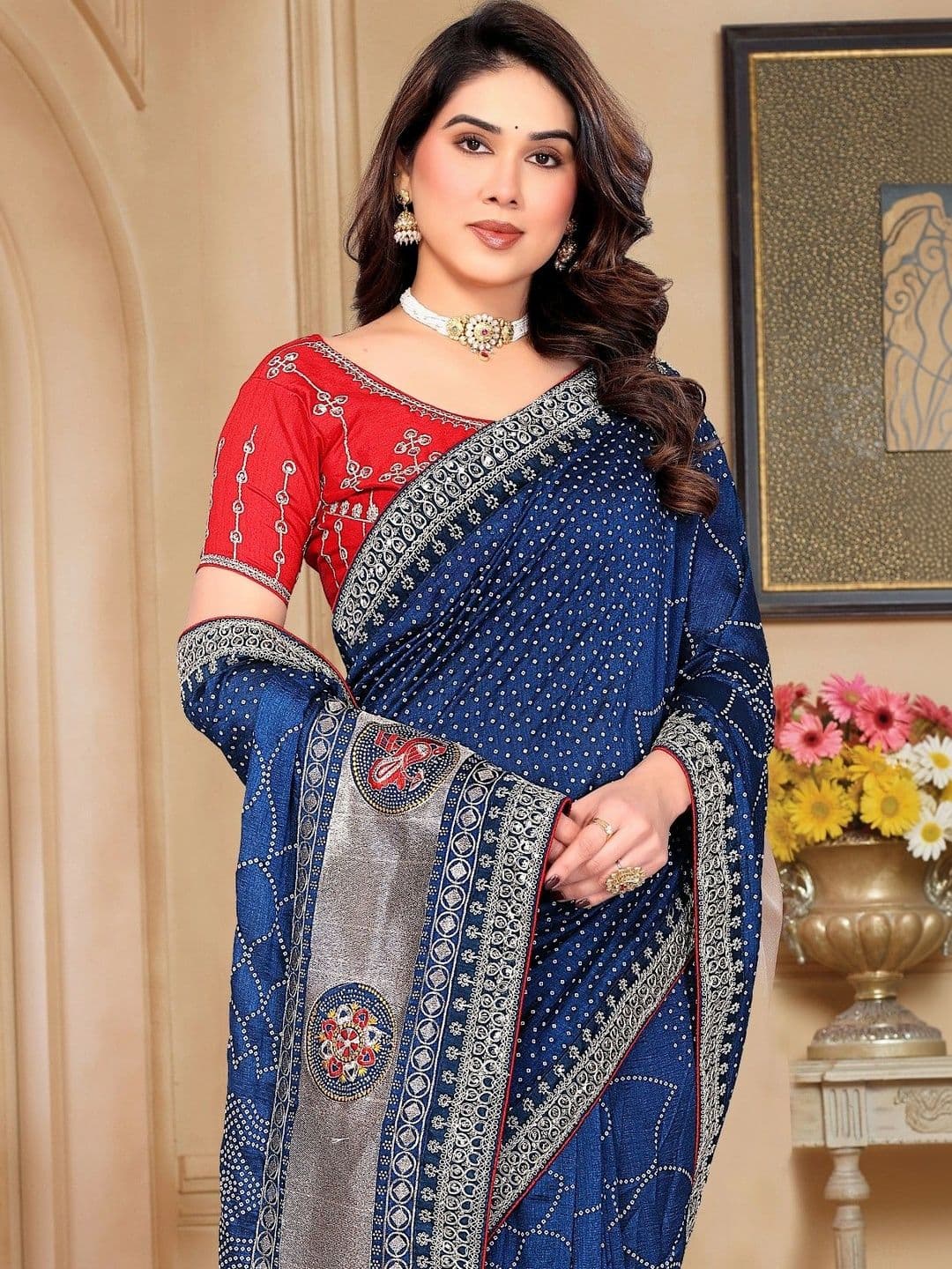 SmileyFashion Bandhani Embroidered Art Silk Designer Saree thumbnail 2