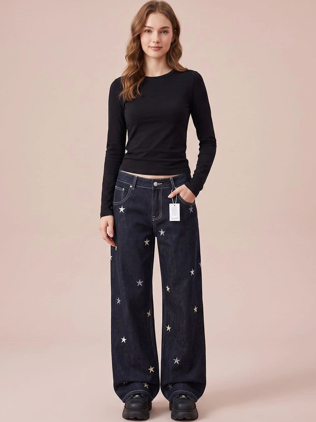 ATELIER REBEL Women Wide Leg Mid-Rise Heavy Fade Embroidered Jeans - view 1