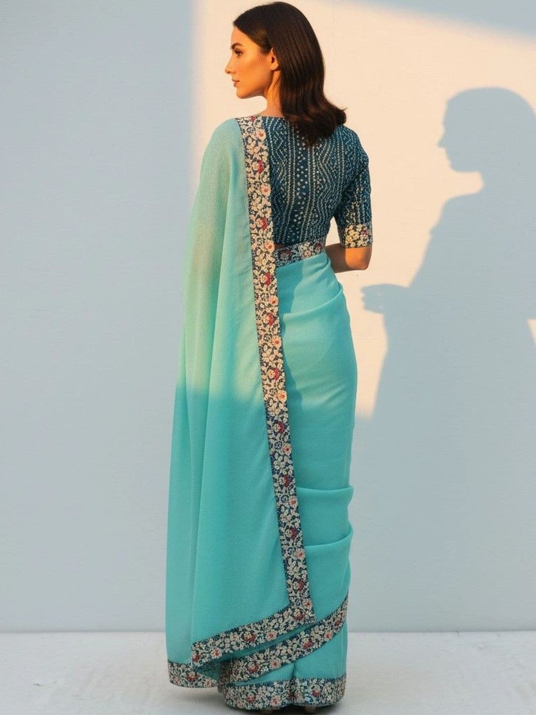 SmileyFashion Floral Embroidered Poly Chiffon Designer Saree thumbnail 3