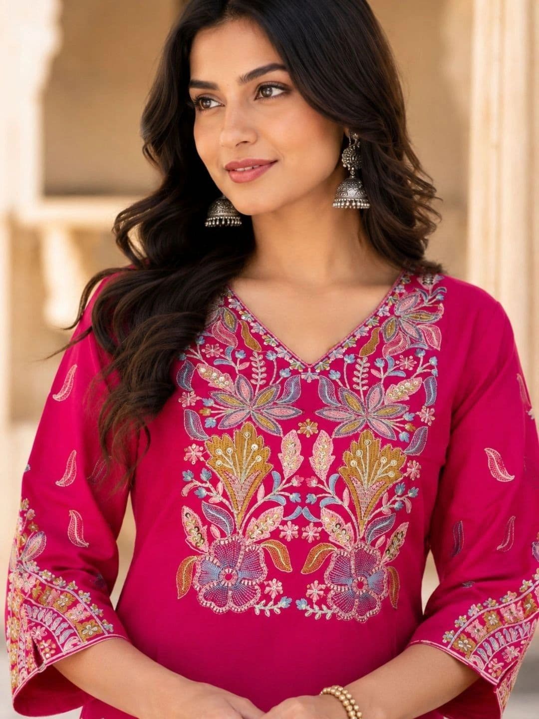 HERE&NOW X fwd Women Ethnic Regular Sequinned Pure Silk Kurta with Palazzos & With Dupatta thumbnail 3
