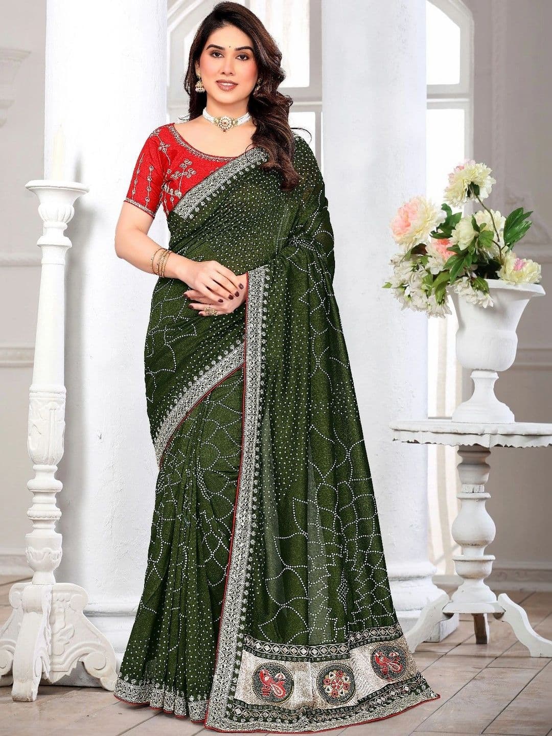SmileyFashion Bandhani Embroidered Art Silk Designer Saree - view 1