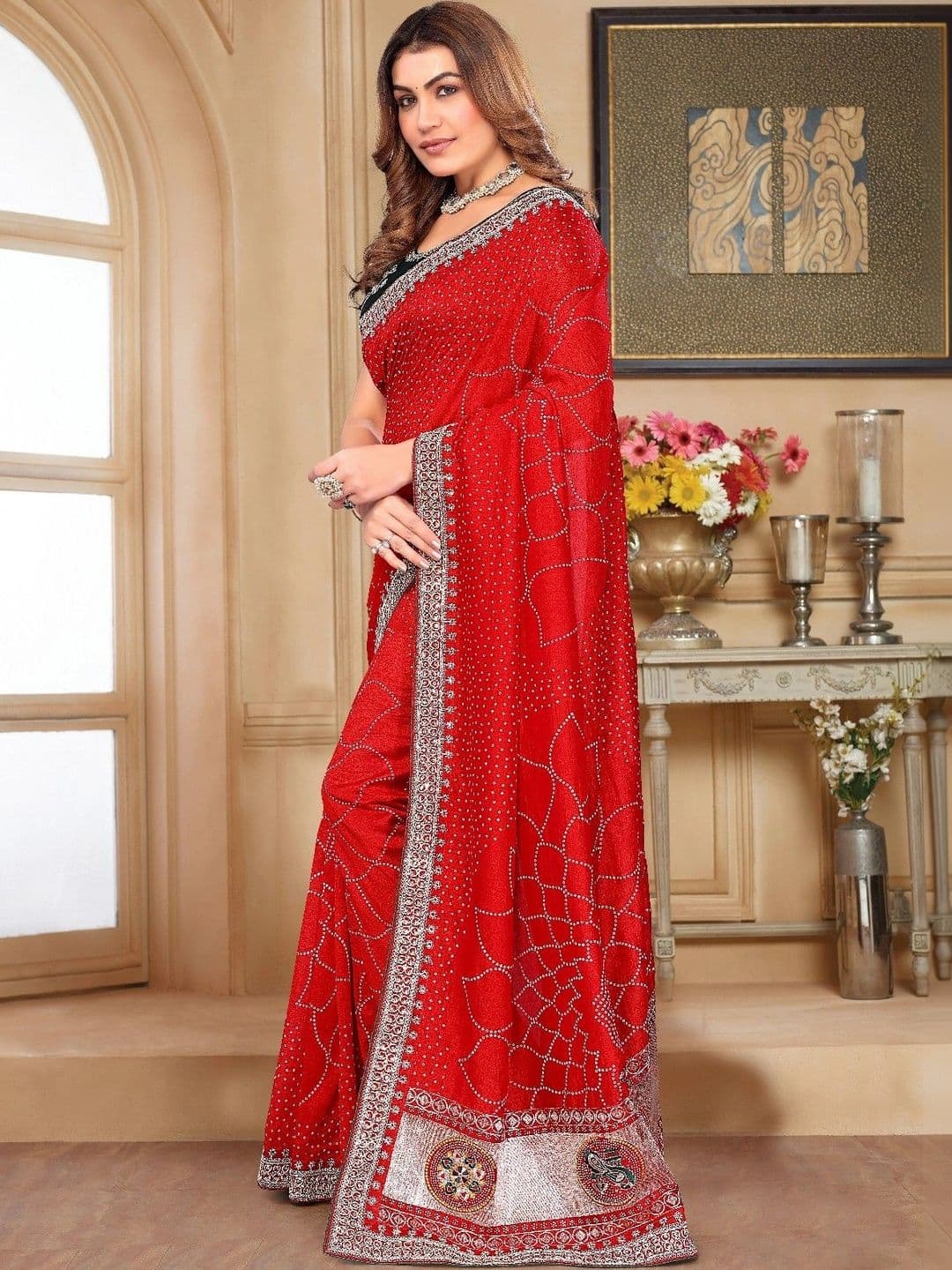 SmileyFashion Embellished Embroidered Art Silk Designer Saree thumbnail 2