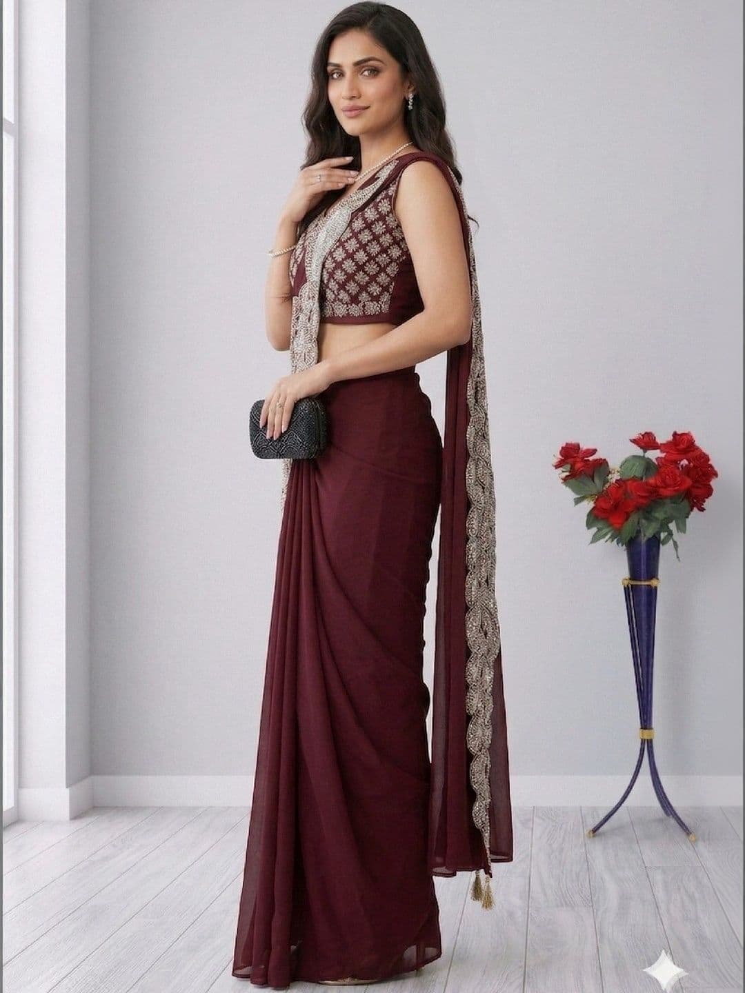 SmileyFashion Embellished Embroidered Pure Georgette Designer Saree thumbnail 5