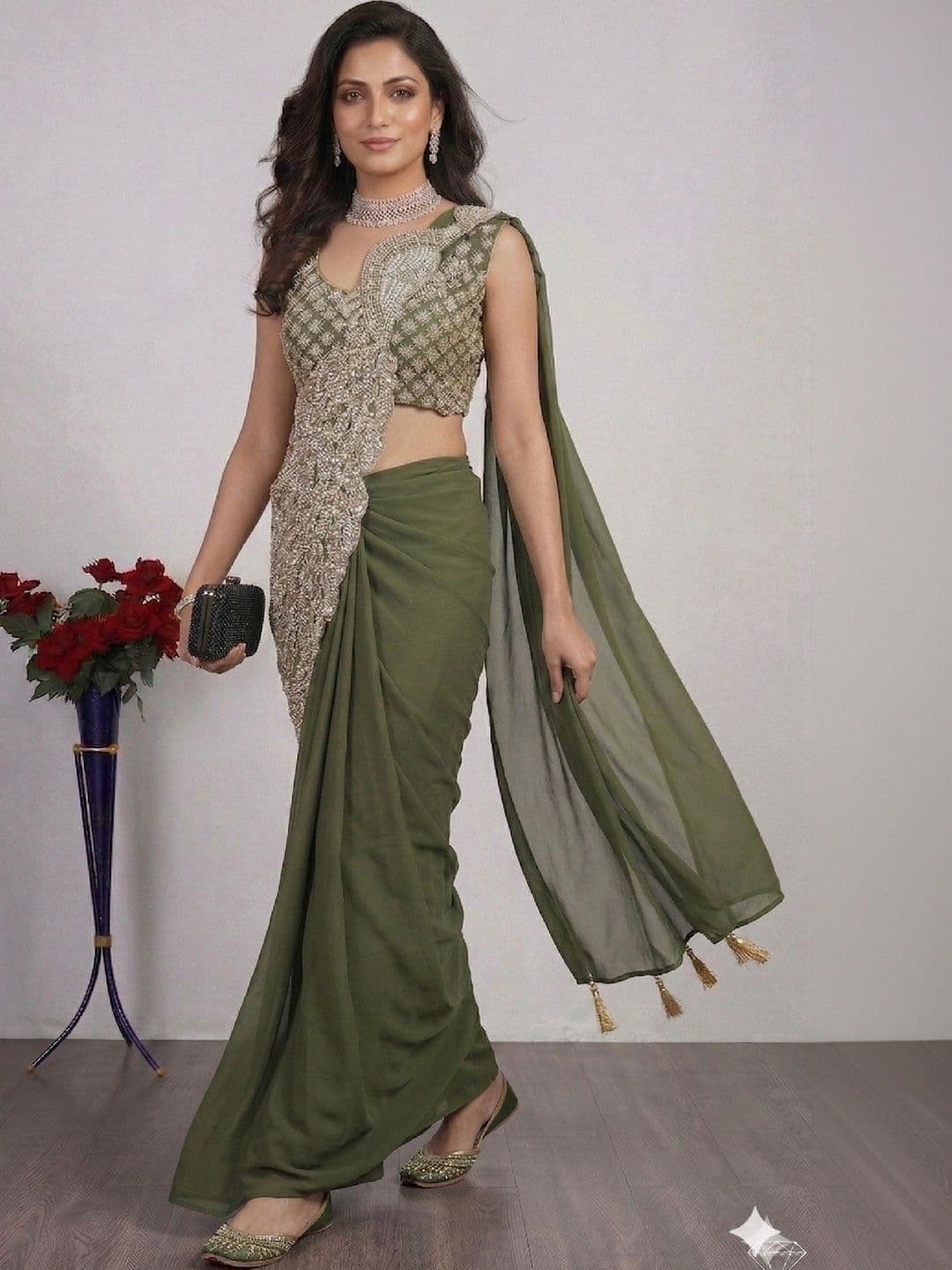 SmileyFashion Embellished Sequinned Pure Georgette Designer Saree thumbnail 4