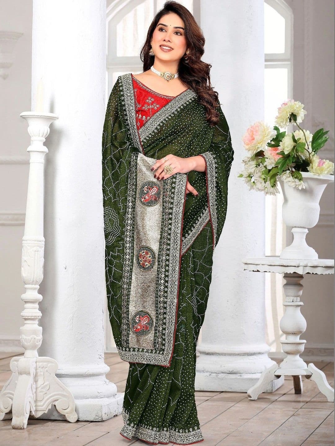 SmileyFashion Bandhani Embroidered Art Silk Designer Saree thumbnail 2