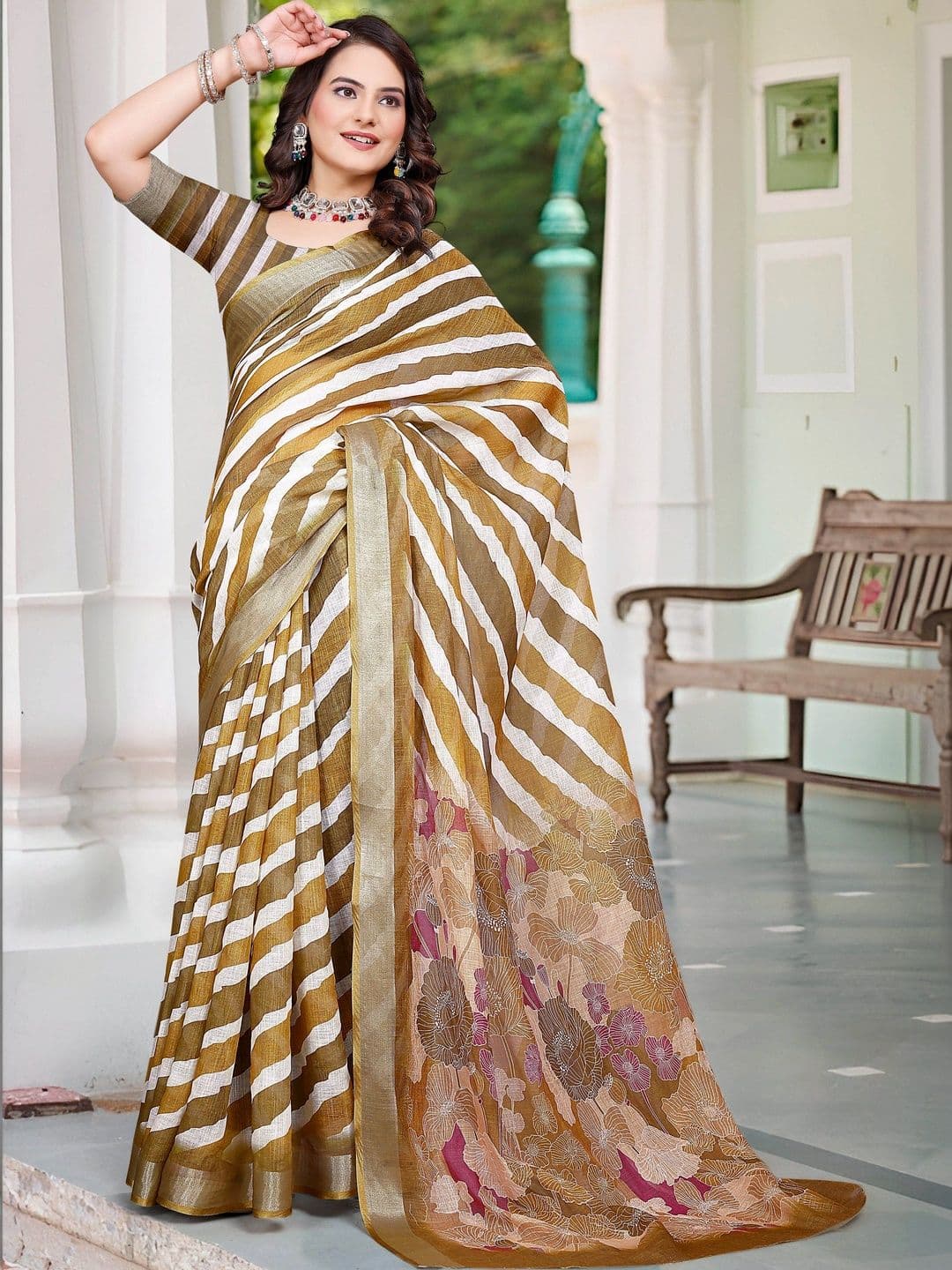 MANVAA Women's Gold Brown Cotton Linen Saree - view 1