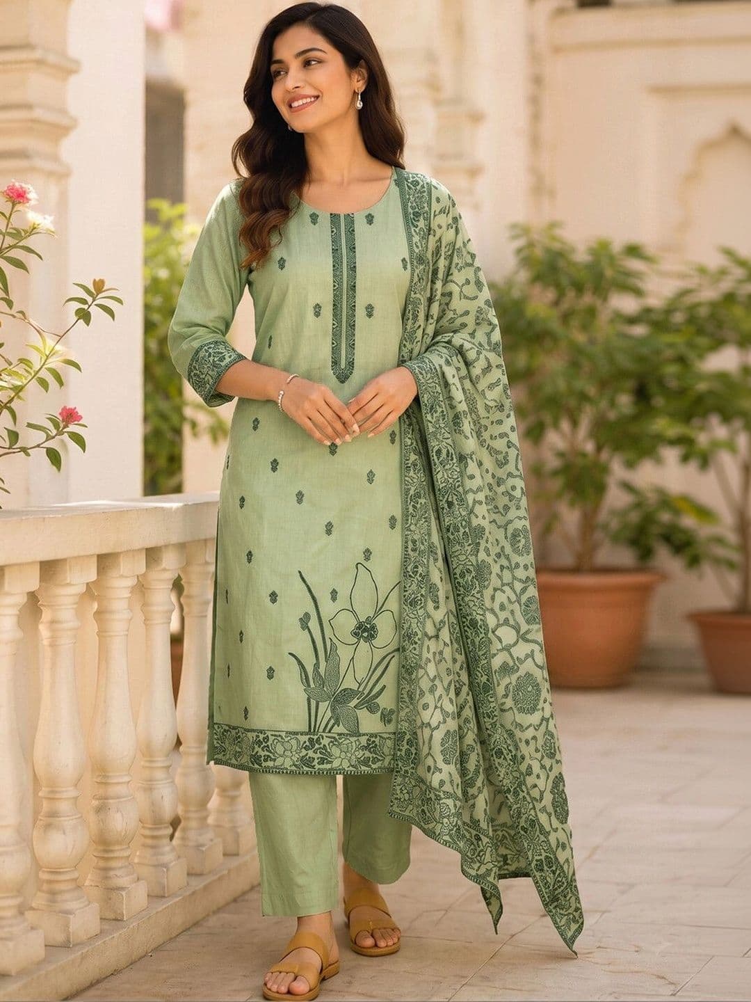 SKYLEE Women Ethnic Motifs Printed Regular Pure Cotton Kurta with Trousers & With Dupatta - view 1