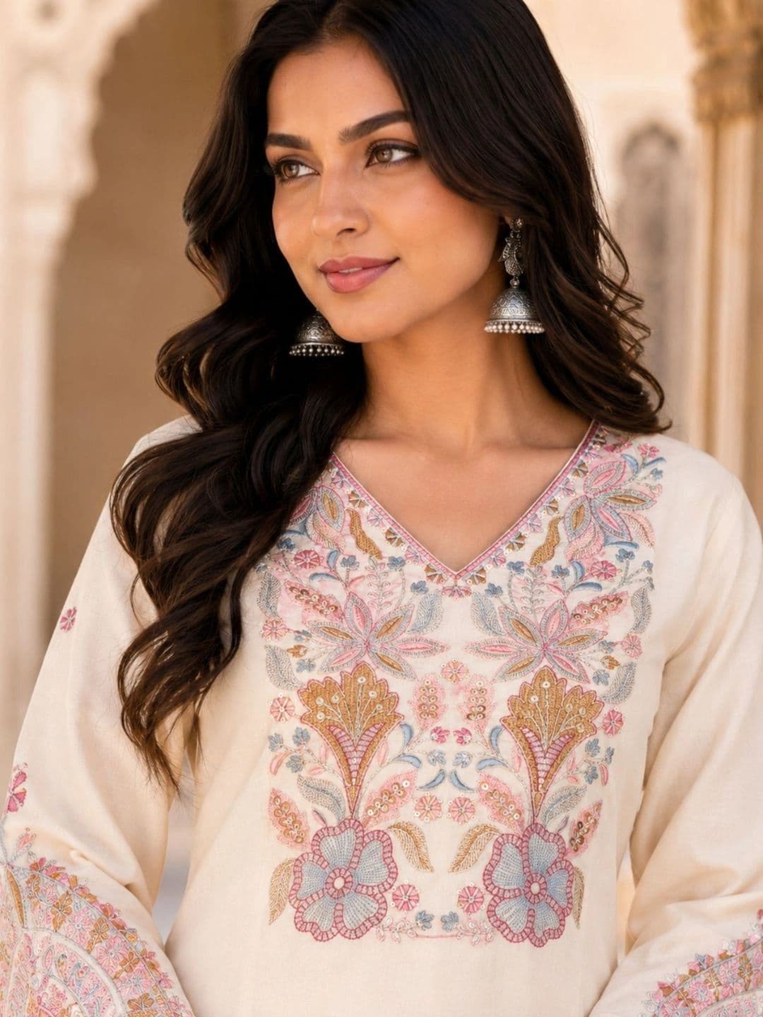 HERE&NOW X fwd Women Ethnic Regular Thread Work Pure Silk Kurta with Palazzos & With thumbnail 6