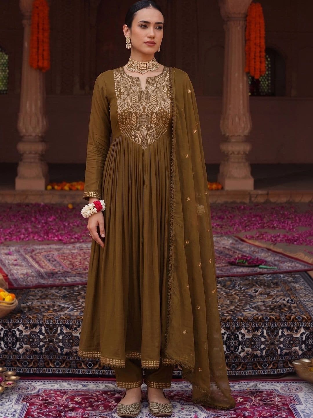 Navlik Women Embroidered Regular Chanderi Silk Kurta with Trousers & With Dupatta - view 1