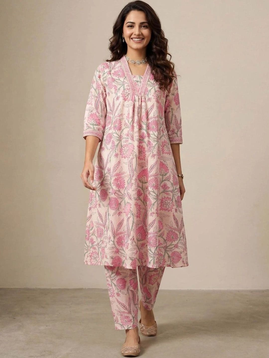 KALINI Women Floral Printed Regular Kurta with Trousers thumbnail 3