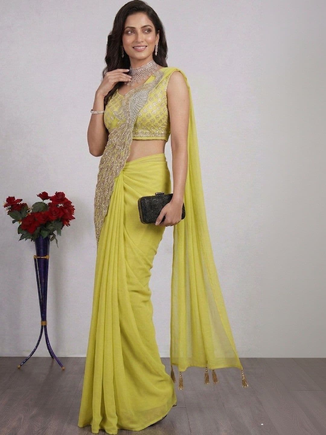 SmileyFashion Embellished Sequinned Pure Georgette Designer Saree thumbnail 3