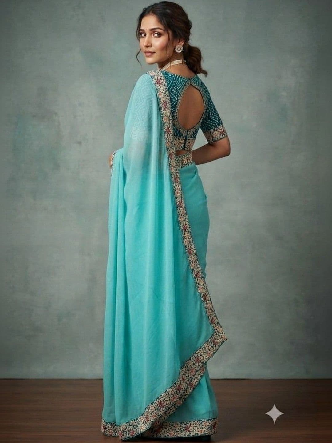 SmileyFashion Floral Embroidered Poly Chiffon Designer Saree thumbnail 4