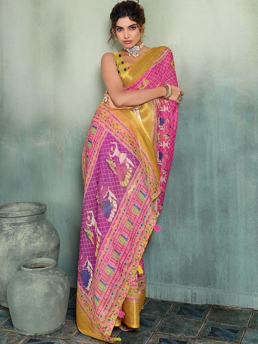 DWIJA FASHION Kalamkari Zari Linen Blend Saree thumbnail 6