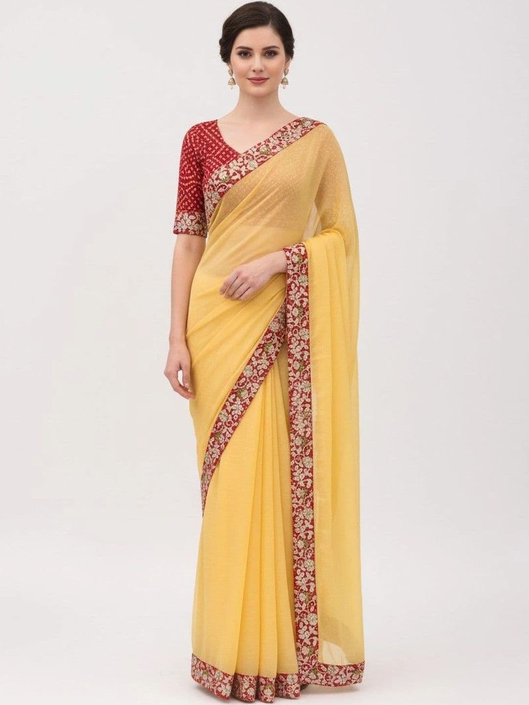 SmileyFashion Floral Embroidered Poly Chiffon Designer Saree - view 1