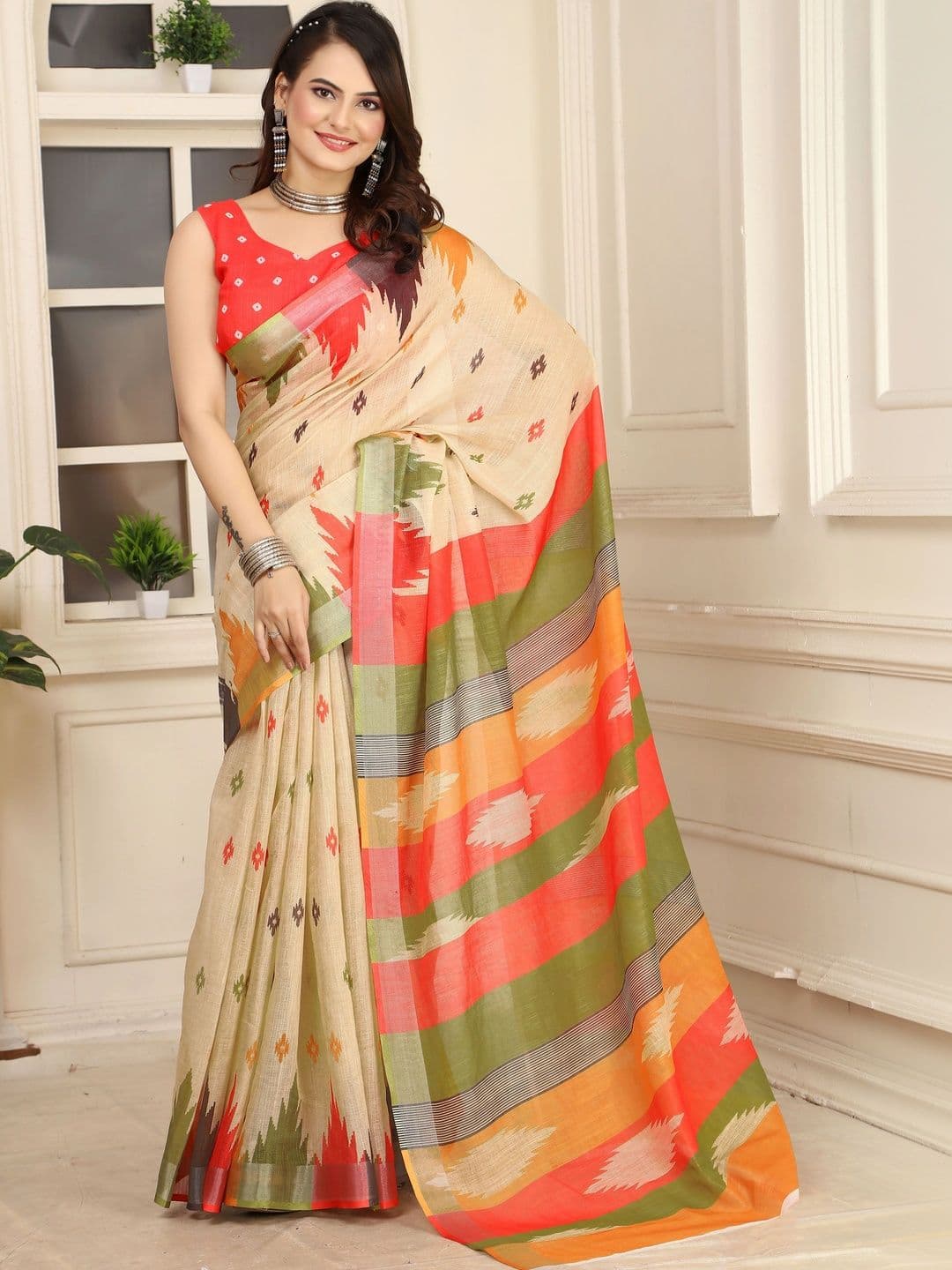 MANVAA Striped Cotton Linen Saree thumbnail 3