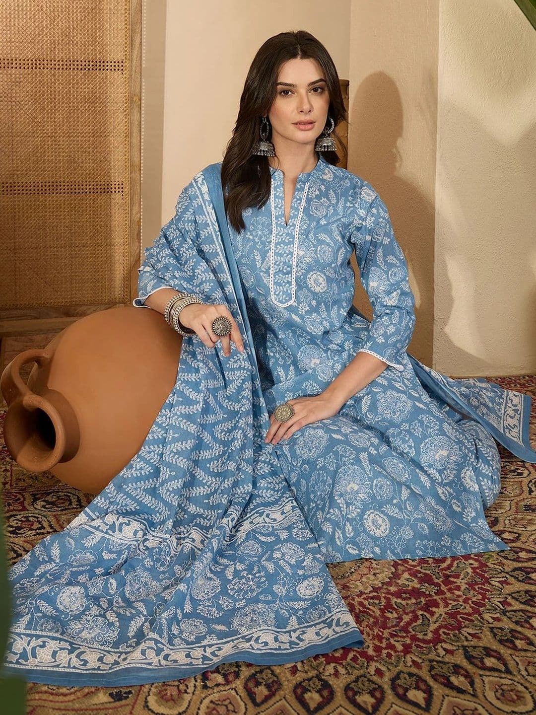 Janasya Women's Light Blue Pure Cotton Floral Printed Straight Kurta Set thumbnail 7