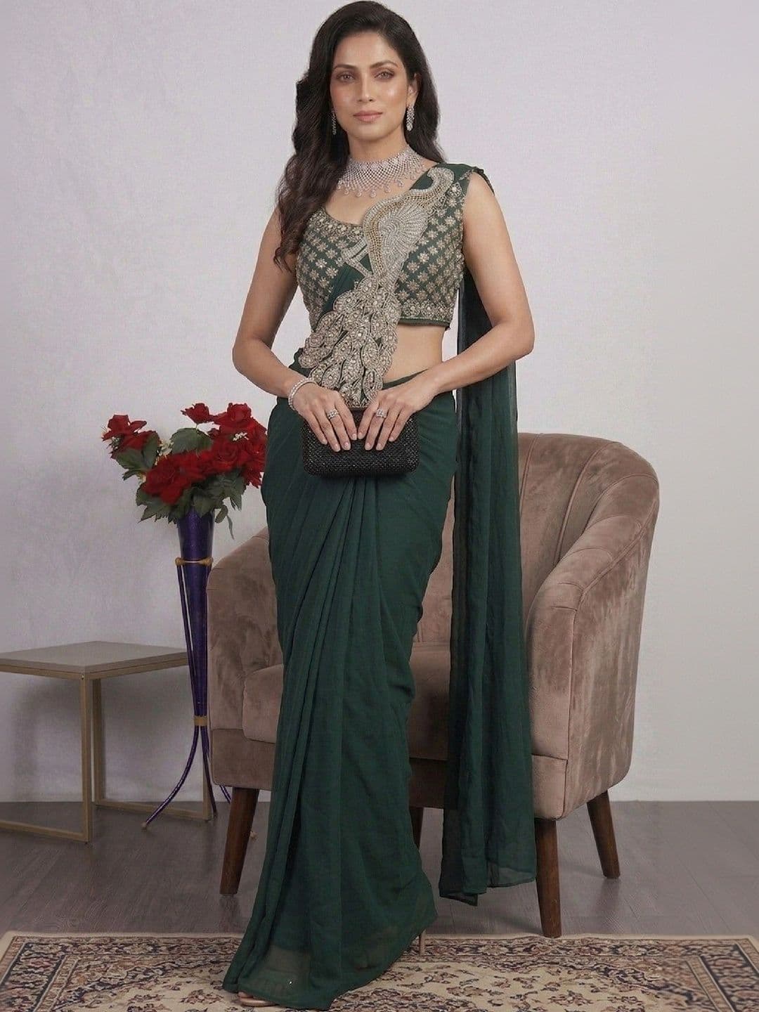SmileyFashion Embellished Embroidered Pure Georgette Designer Saree thumbnail 2