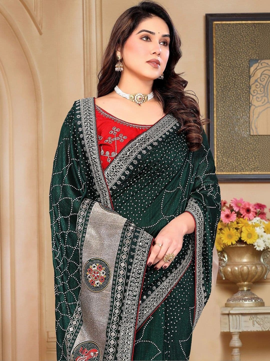SmileyFashion Bandhani Embroidered Art Silk Designer Saree - view 1