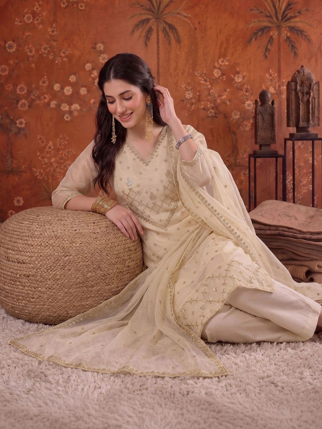 Sangria Embroidered V-Neck Kurta & Trousers With Dupatta thumbnail 6