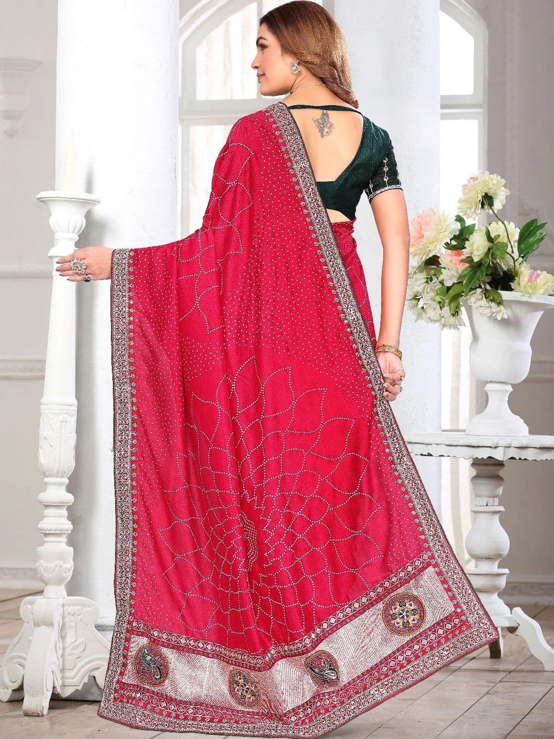 SmileyFashion Bandhani Embroidered Art Silk Designer Saree thumbnail 5