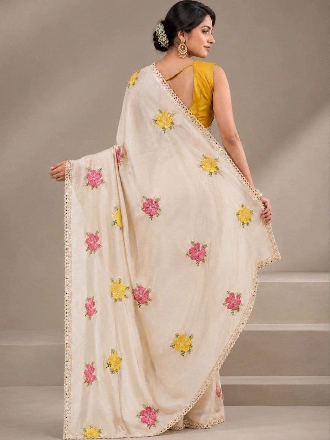Kandora Floral Mirror Work Pure Georgette Designer Saree thumbnail 2