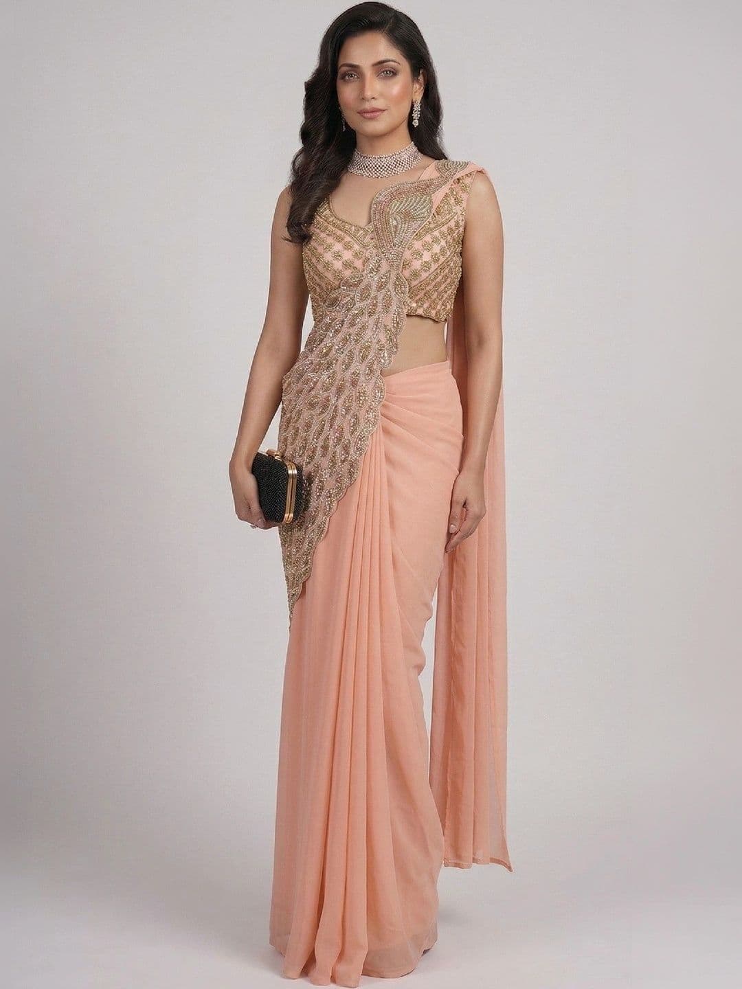 SmileyFashion Embellished Embroidered Pure Georgette Designer Saree - view 1