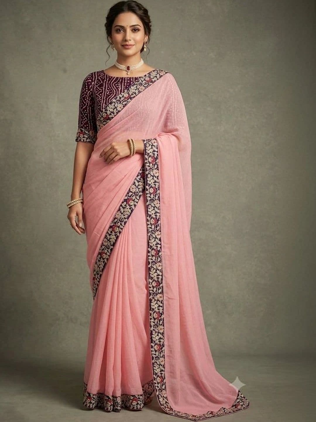SmileyFashion Floral Embroidered Poly Chiffon Designer Saree - view 1