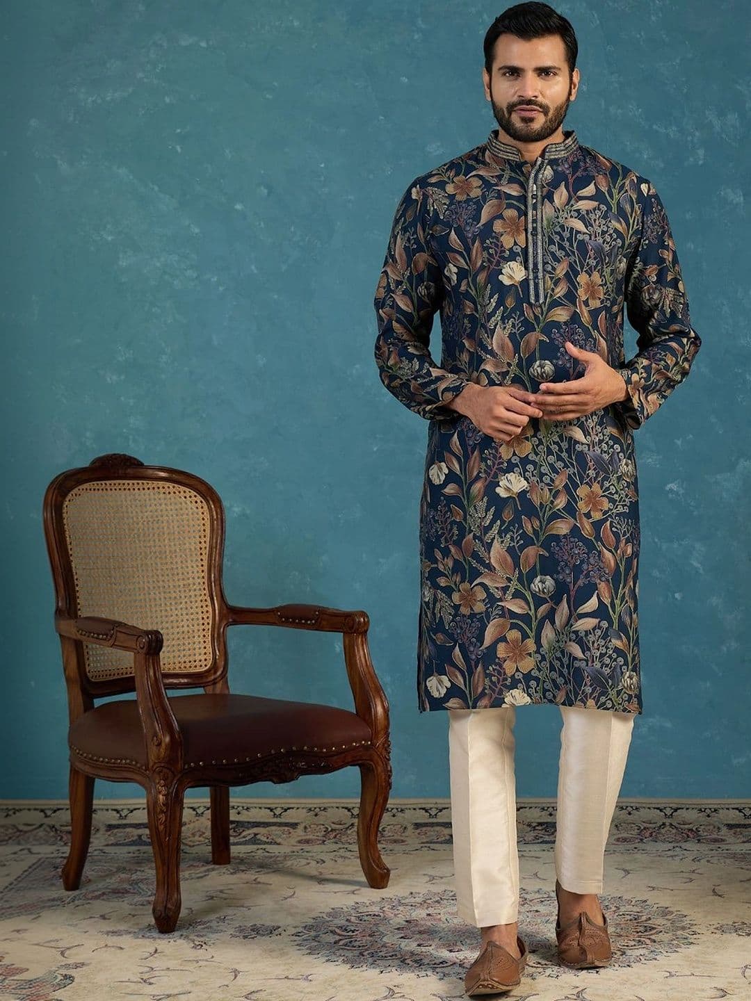 House of Pataudi Men Floral Printed Thread Work Floral Kurta thumbnail 3