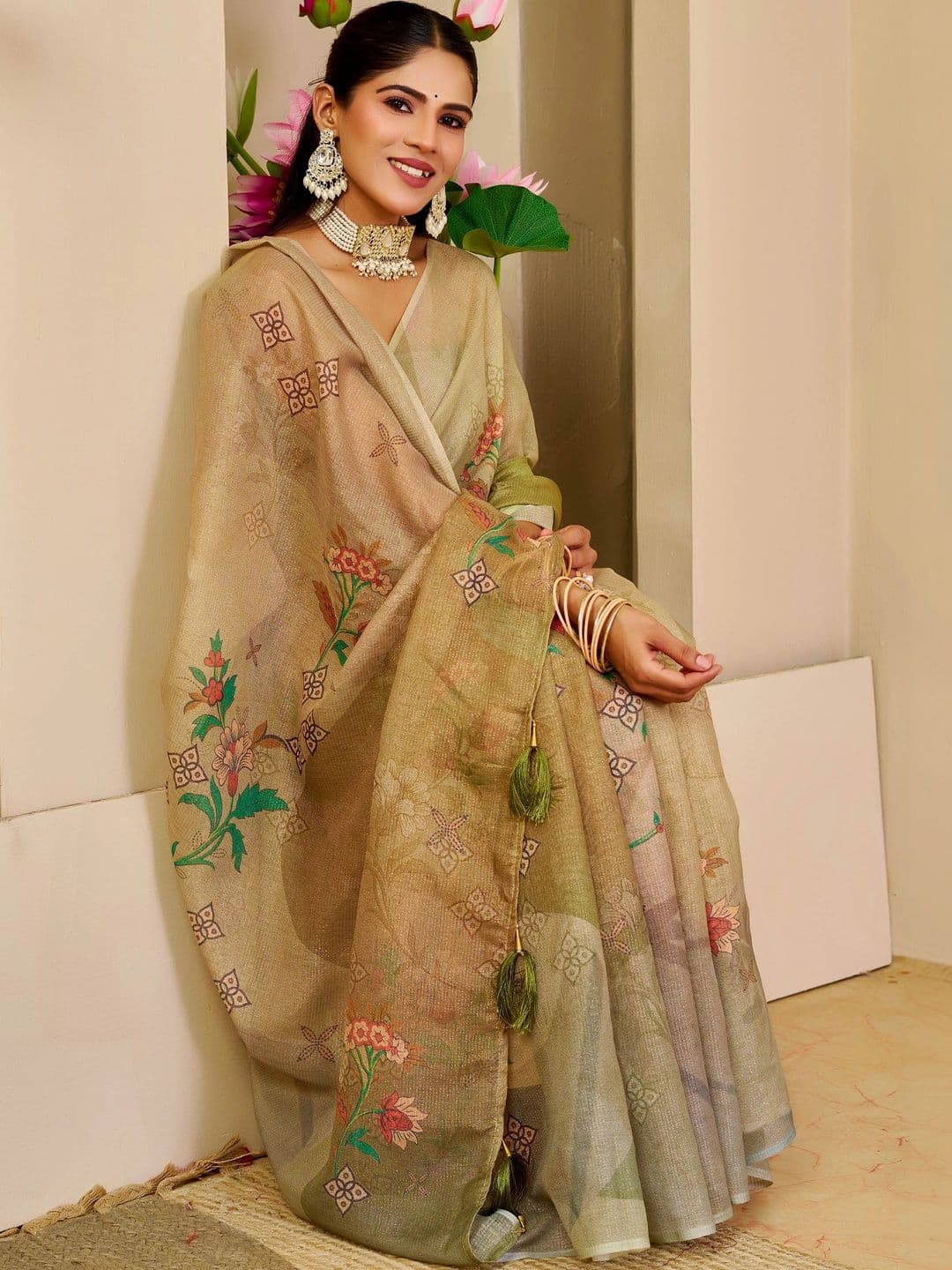 HERE&NOW Women Floral Silk Cotton Handloom Saree thumbnail 3