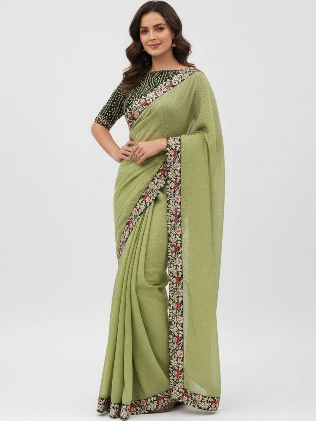 SmileyFashion Floral Embroidered Poly Chiffon Designer Saree thumbnail 6
