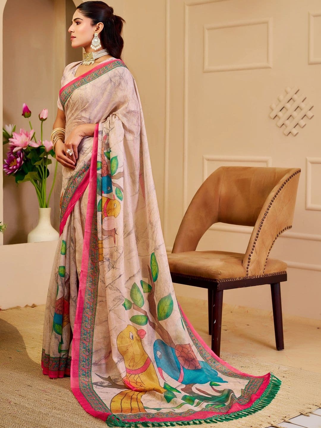 Maroosh Floral Silk Cotton Handloom Saree thumbnail 7