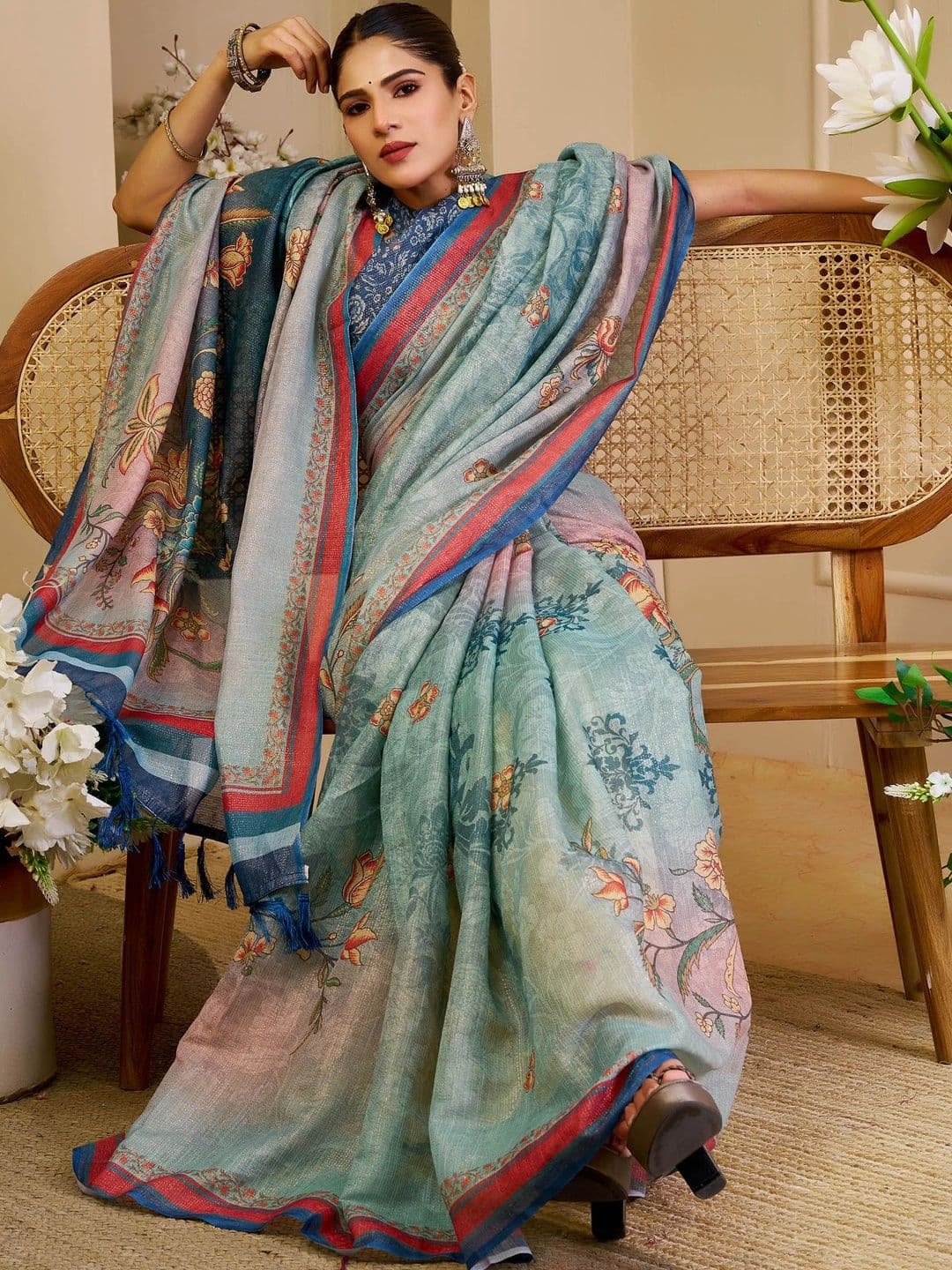 HERE&NOW Floral Silk Cotton Fusion Saree thumbnail 6