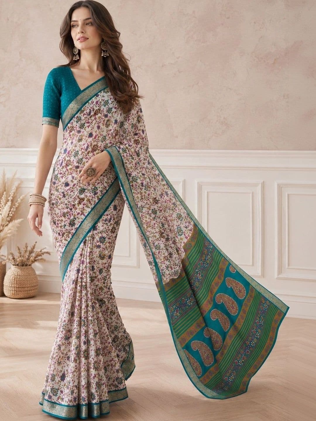 all about you Floral Zari Poly Crepe Saree thumbnail 5