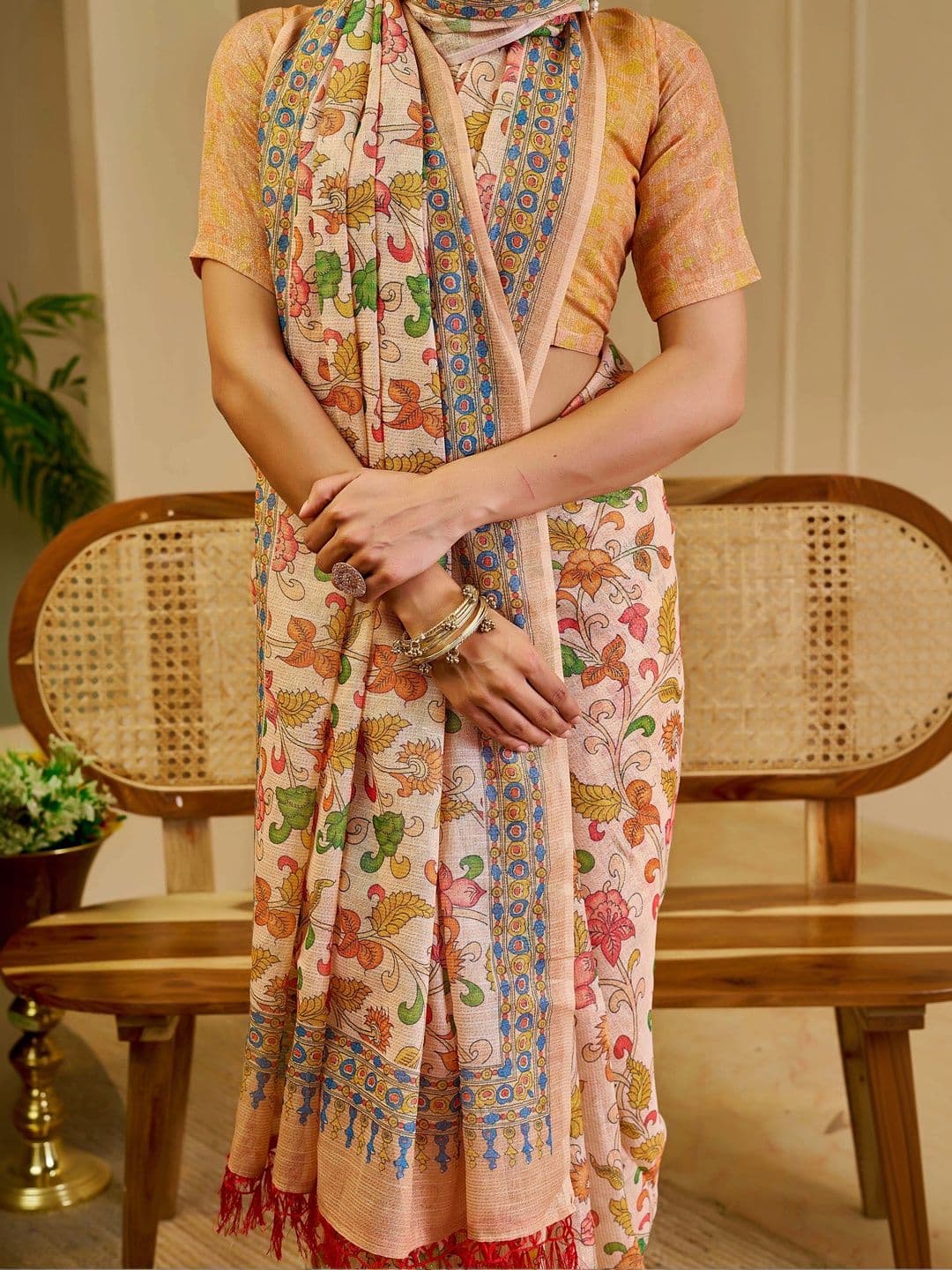 HERE&NOW Kalamkari Printed Silk Cotton Handloom Saree thumbnail 3