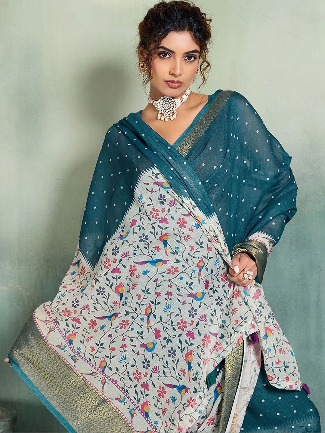 KALINI Floral Zari Designer Block Print Saree thumbnail 6