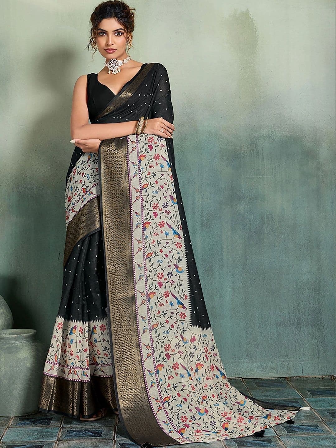 KALINI Floral Zari Designer Block Print Saree - view 1