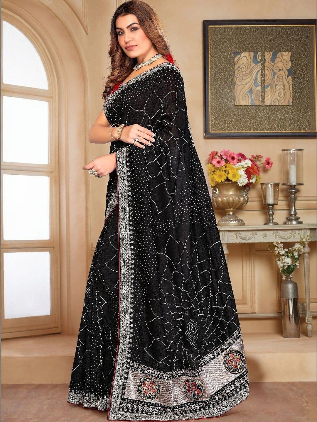 SmileyFashion Embellished Embroidered Art Silk Designer Saree thumbnail 2