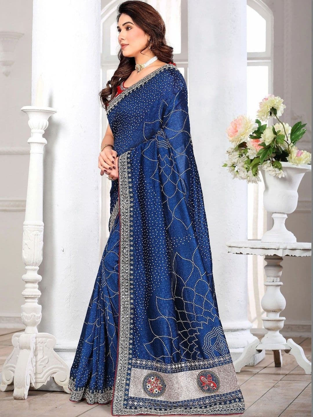SmileyFashion Bandhani Embroidered Art Silk Designer Saree thumbnail 5