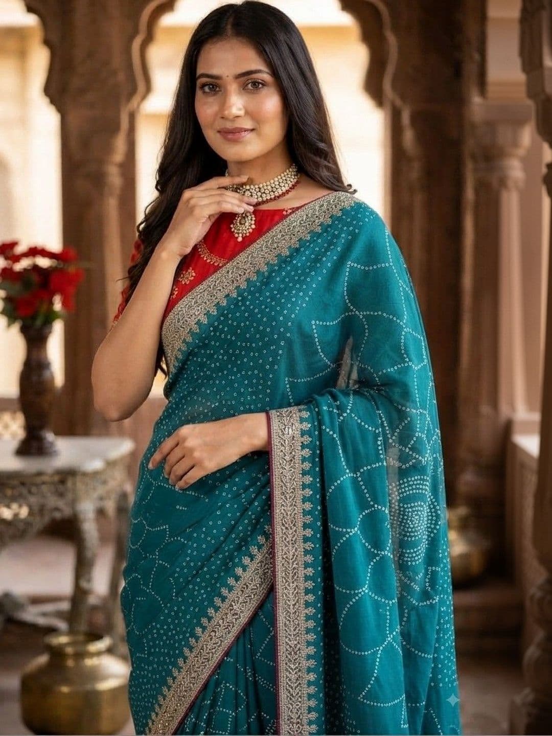 SmileyFashion Bandhani Embroidered Art Silk Designer Saree thumbnail 2