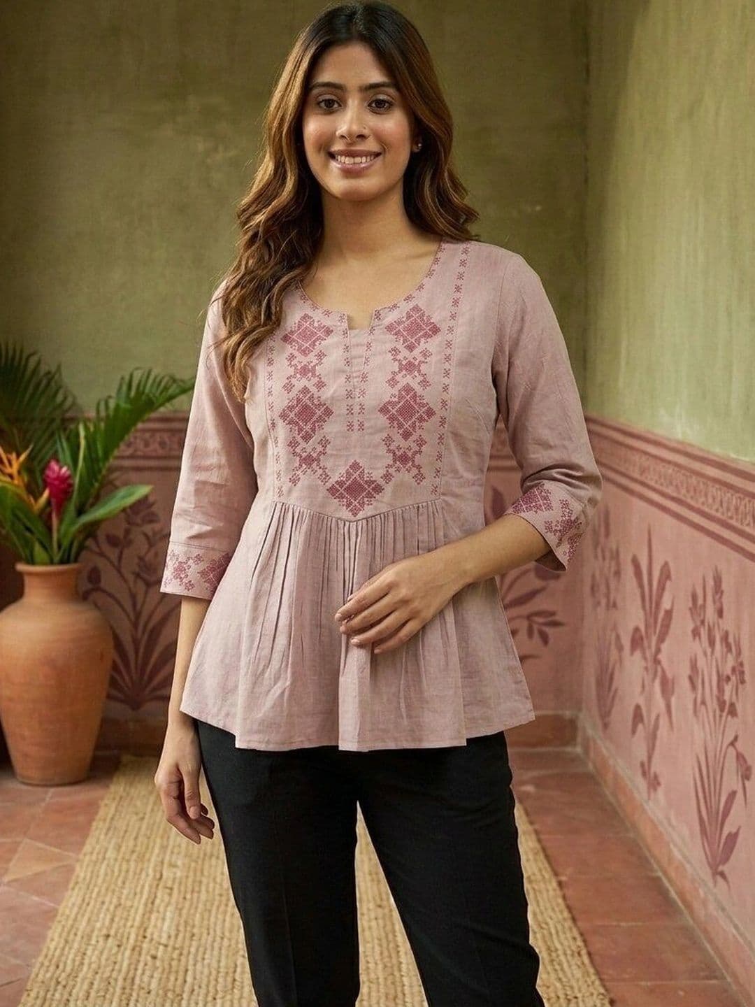 Sangria Ethnic Motifs Embroidered V-Neck Pure Cotton Empire Kurti - view 1