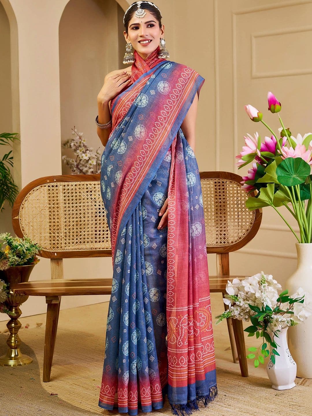 MANVAA Bandhani Silk Cotton Handloom Saree thumbnail 6