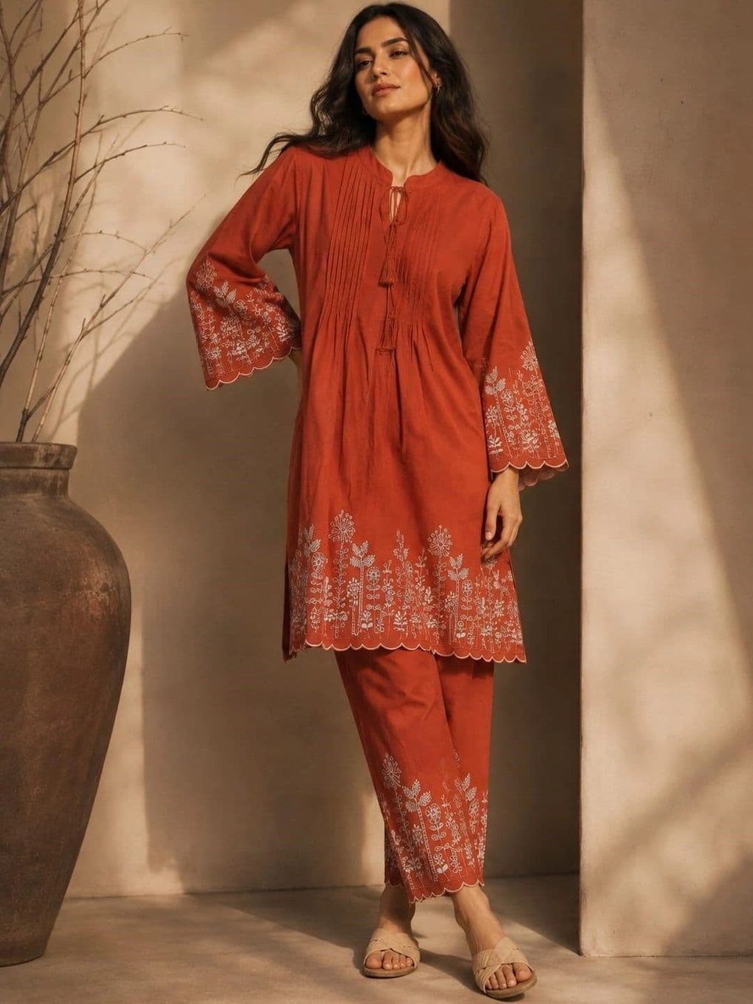 Ilaaha Women Ethnic Motifs Embroidered Regular Thread Work Pure Cotton Kurta with Trousers thumbnail 6