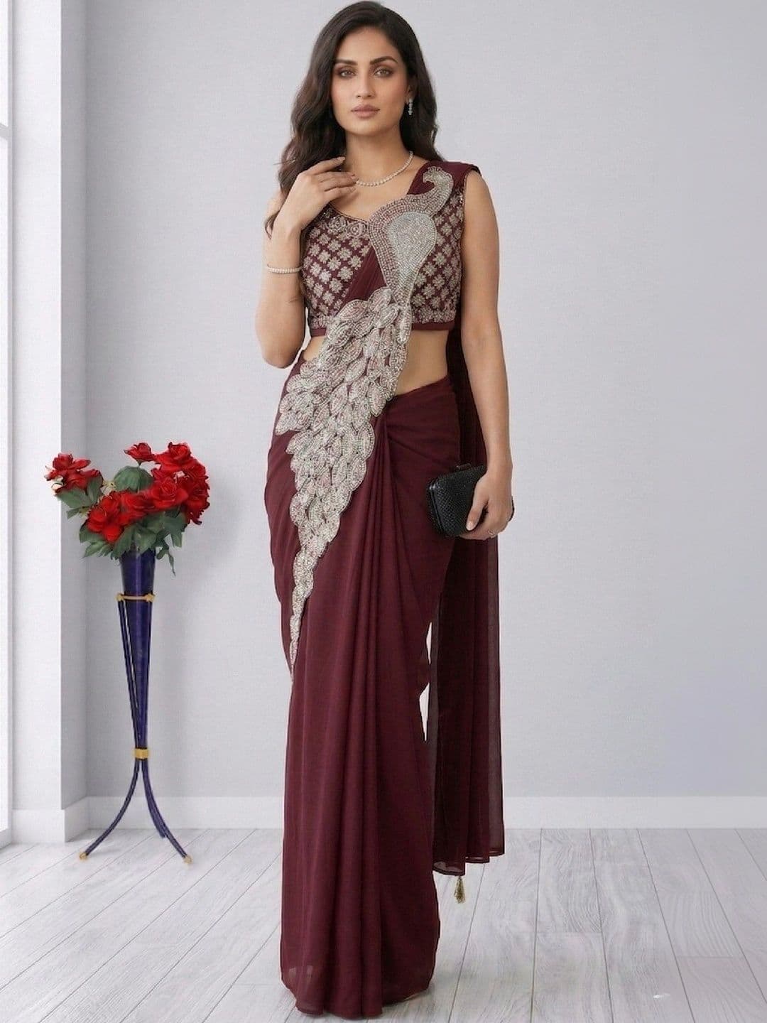 SmileyFashion Embellished Embroidered Pure Georgette Designer Saree thumbnail 5