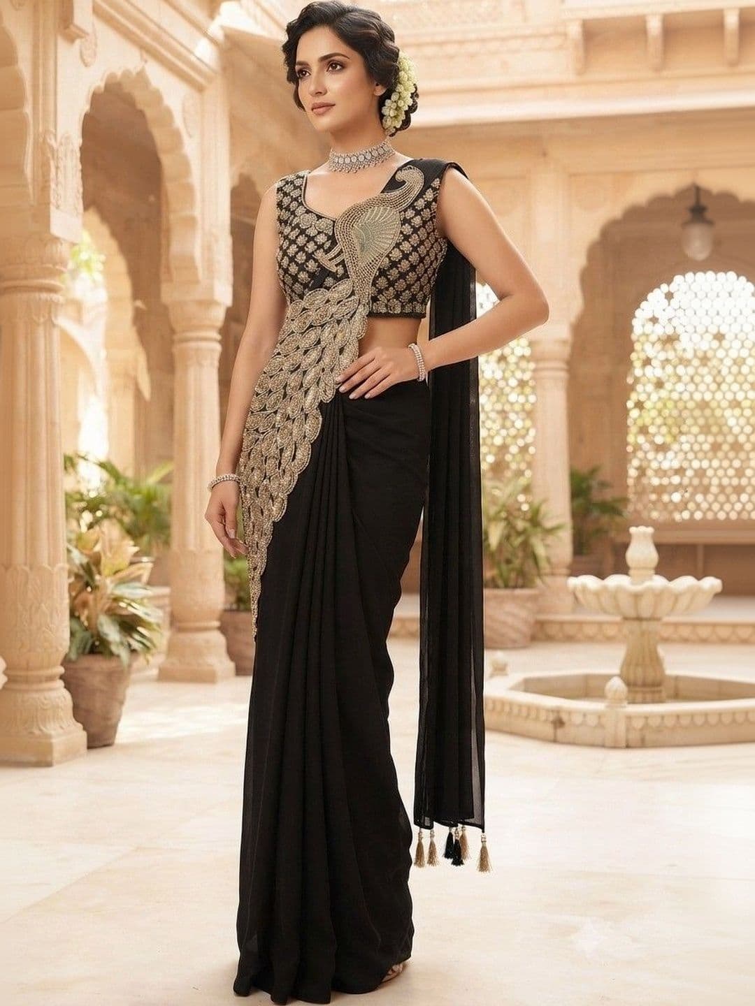 SmileyFashion Embellished Embroidered Pure Georgette Designer Saree - view 1