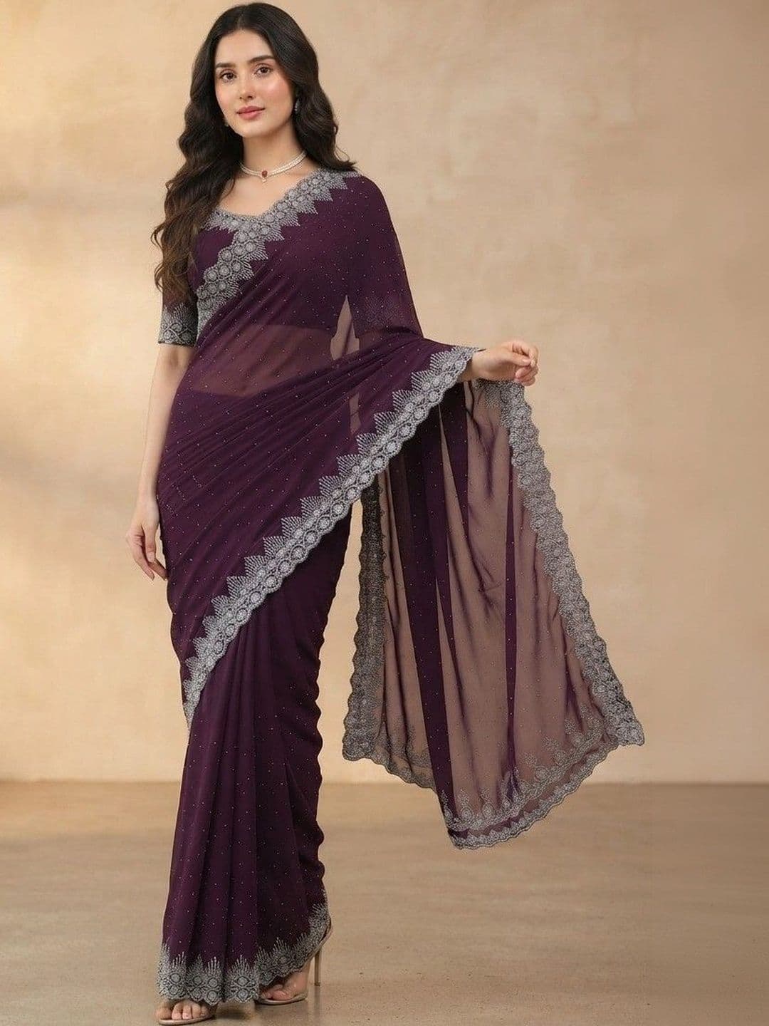 SmileyFashion Embroidered Pure Georgette Saree - view 1