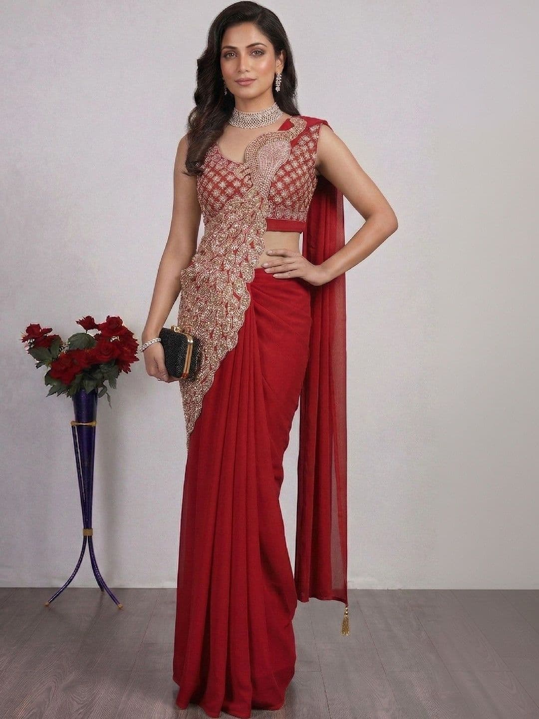 SmileyFashion Embellished Embroidered Pure Georgette Designer Saree - view 1